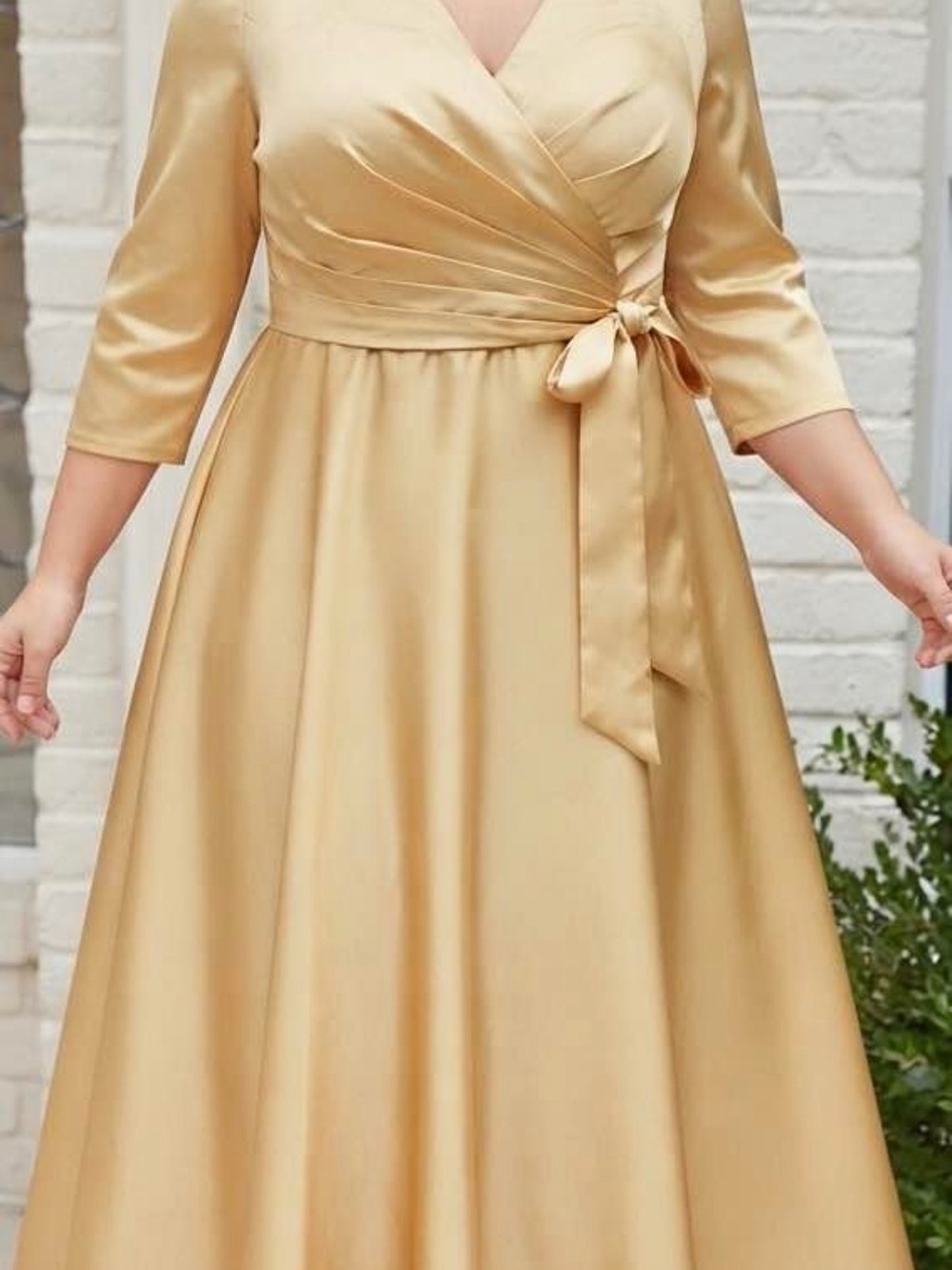 Elegant Gold Satin Wrap Midi Dress in Champagne